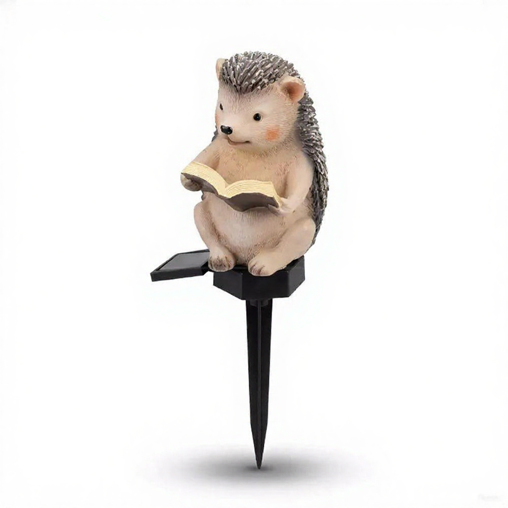 Solar Powered Warm White LED Reading Hedgehog Garden Stake Light  -  Weatherproof Flower Bed & Yard Lighting