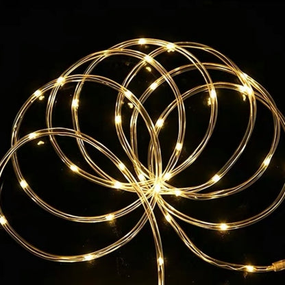 Solar Powered Warm White LED Rope String Light - Weatherproof Yard Garden Patio Backyard Outdoor Holiday Party Decor Lighting