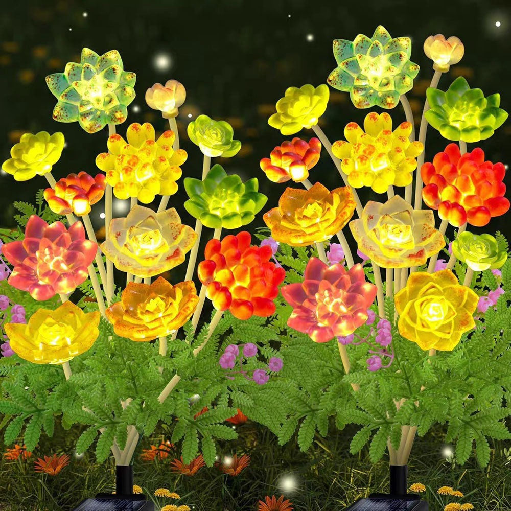 Solar Powered Warm White LED Succulent Stake Light - 2 Pack, Weatherproof Outdoor Lawn Pathway Garden Lighting