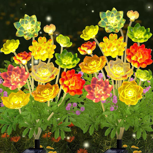 Solar Powered Warm White LED Succulent Stake Light - 2 Pack, Weatherproof Outdoor Lawn Pathway Garden Lighting