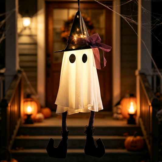 Spooky Glowing Hanging Ghost with Witch Hat - Halloween Porch Tree Holiday Party Decor Lighting