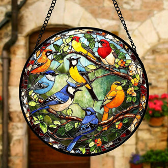 Stained‑Glass Bird Hanging Suncatcher ‑ 6.3-Inch, Window & Porch Hanging Decor