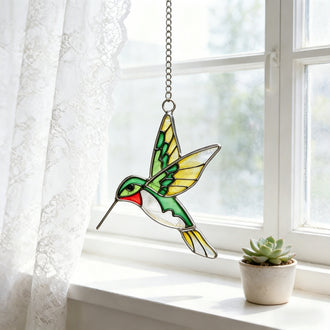 Stained‑Glass Hummingbird Hanging Suncatcher ‑ 4.7-Inch, Window & Porch Decor