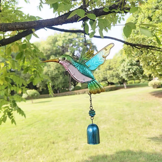 Stained Glass & Iron Hummingbird Decorative Wind Chime - Blue, Home Yard Porch Patio Outdoor Decor Ornament