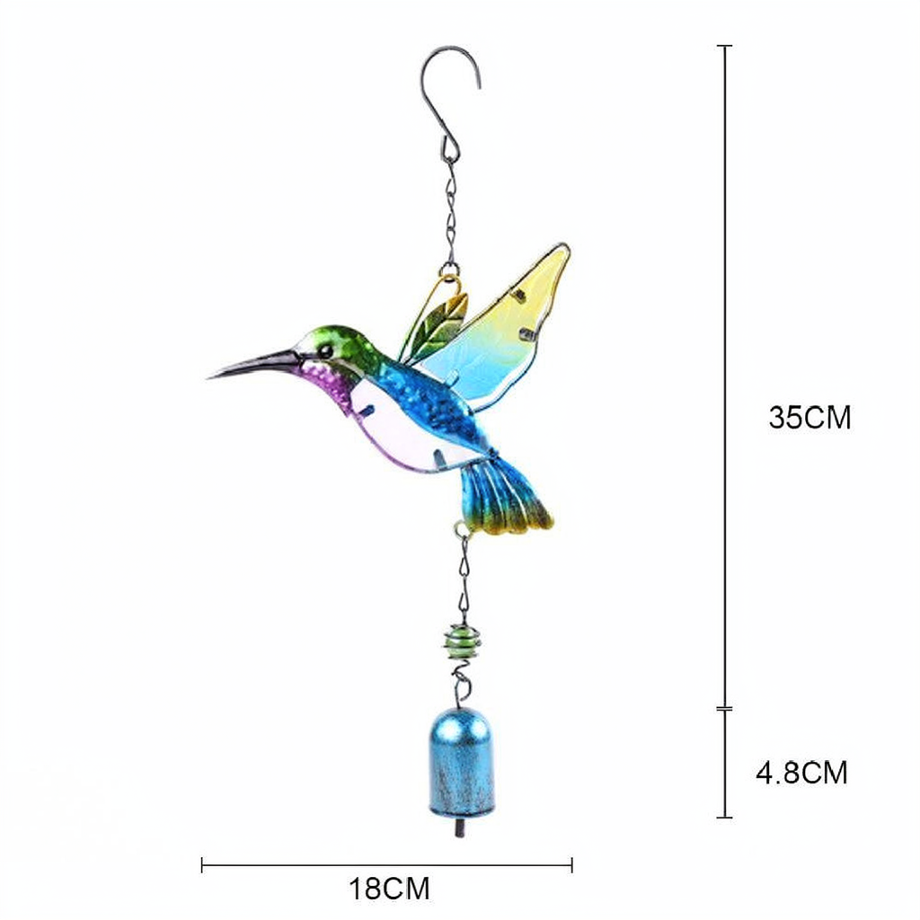 Stained Glass & Iron Hummingbird Decorative Wind Chime - Blue, Home Yard Porch Patio Outdoor Decor Ornament