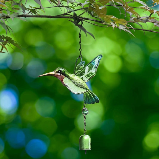 Stained Glass & Iron Hummingbird Decorative Wind Chime - Green, Home Yard Porch Patio Outdoor Decor Ornament
