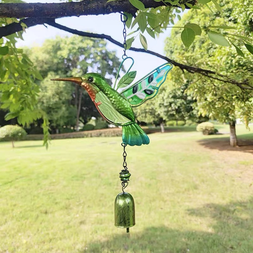 Stained Glass & Iron Hummingbird Decorative Wind Chime - Green, Home Yard Porch Patio Outdoor Decor Ornament