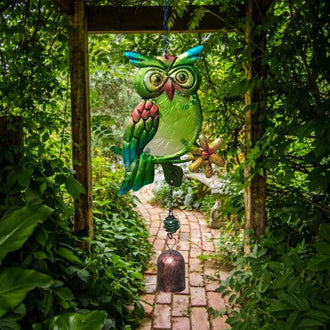 Stained Glass & Iron Owl Garden Wind Chime
