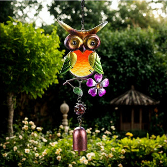 Stained Glass & Iron Owl Garden Wind Chime - Outdoor Patio & Garden Hanging Decor