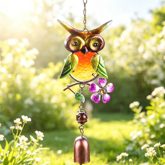 Stained Glass & Iron Owl Garden Wind Chime - Outdoor Patio & Garden Hanging Decor
