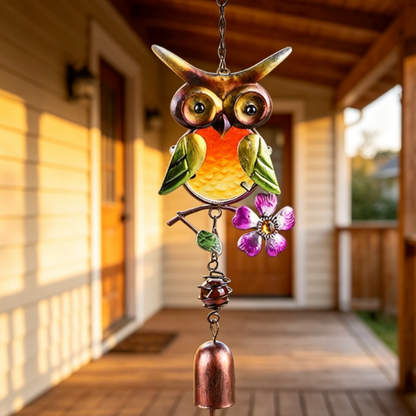 Stained Glass & Iron Owl Garden Wind Chime - Outdoor Patio & Garden Hanging Decor