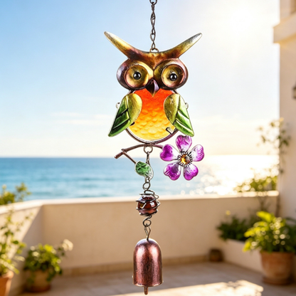 Stained Glass & Iron Owl Garden Wind Chime - Outdoor Patio & Garden Hanging Decor