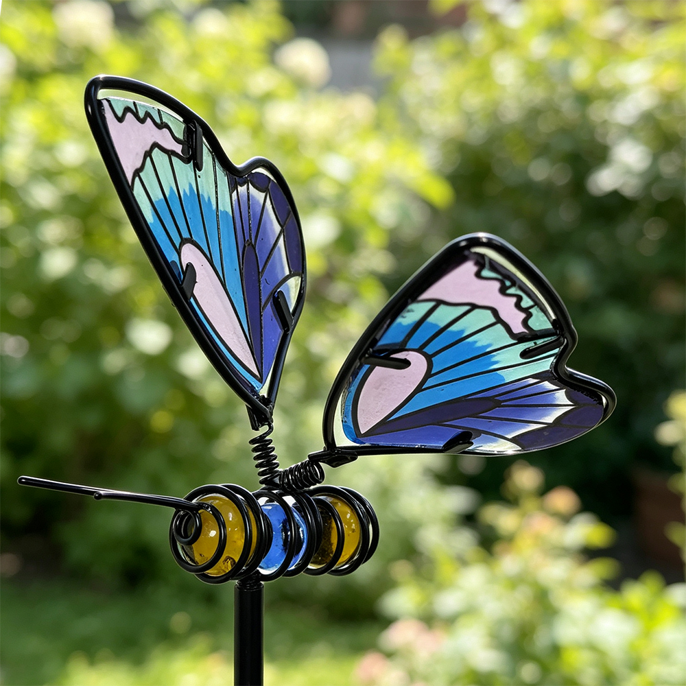 Stained Glass Metal Butterfly Garden Stake - Flower Bed & Lawn Yard Art