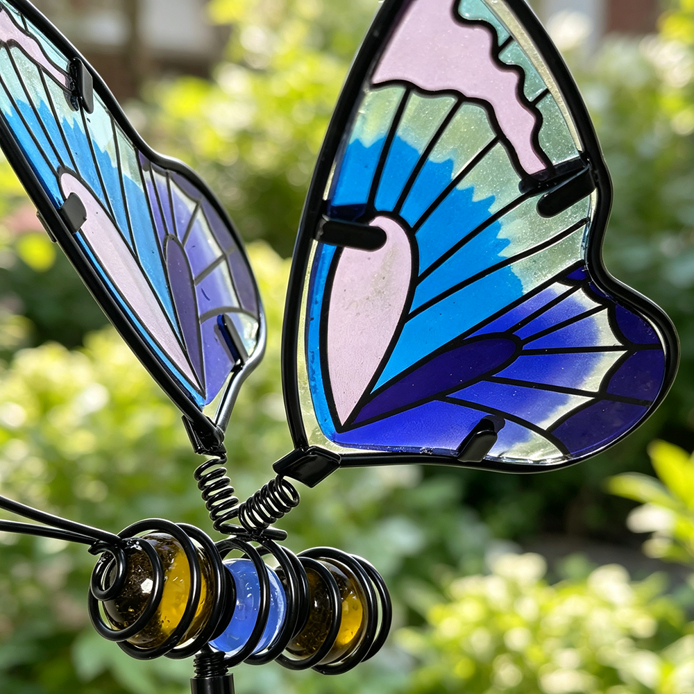 Stained Glass Metal Butterfly Garden Stake - Flower Bed & Lawn Yard Art