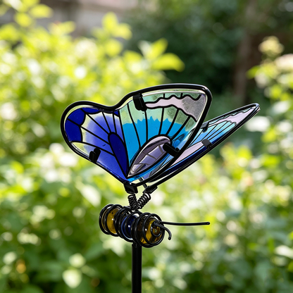 Stained Glass Metal Butterfly Garden Stake - Flower Bed & Lawn Yard Art