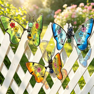 Stained Glass Metal Butterfly Pot Hugger - Set of 3, 4-Inch, Planter Decor