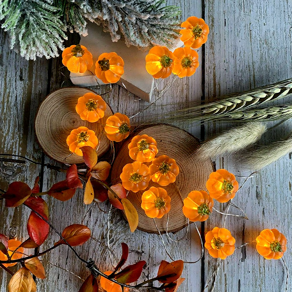 USB Powered Charming 3D Pumpkin Warm White LED String Lights - 6.56 ft, 20 LED, Fall Halloween Home Garden Decor Lighting