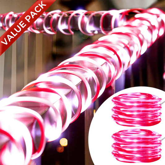 USB Powered Festive Candy Cane LED Rope String Lights - 2 Pack, 16.4 Ft, Christmas Holiday Decor Lighting