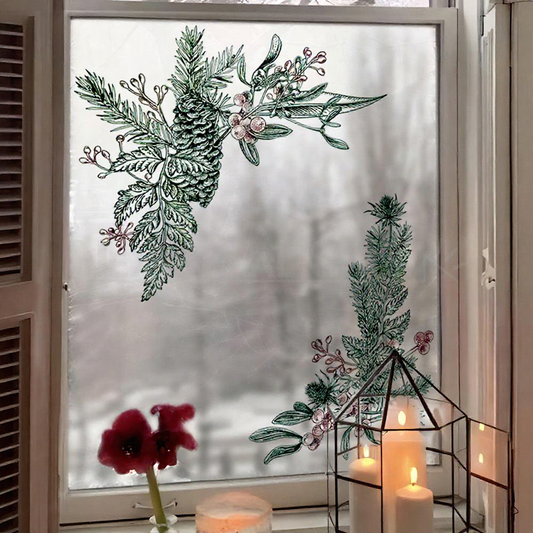 Vintage Christmas Pine Needle & Berry Window Cling - Festive Indoor Glass Holiday Home Decor Accessory