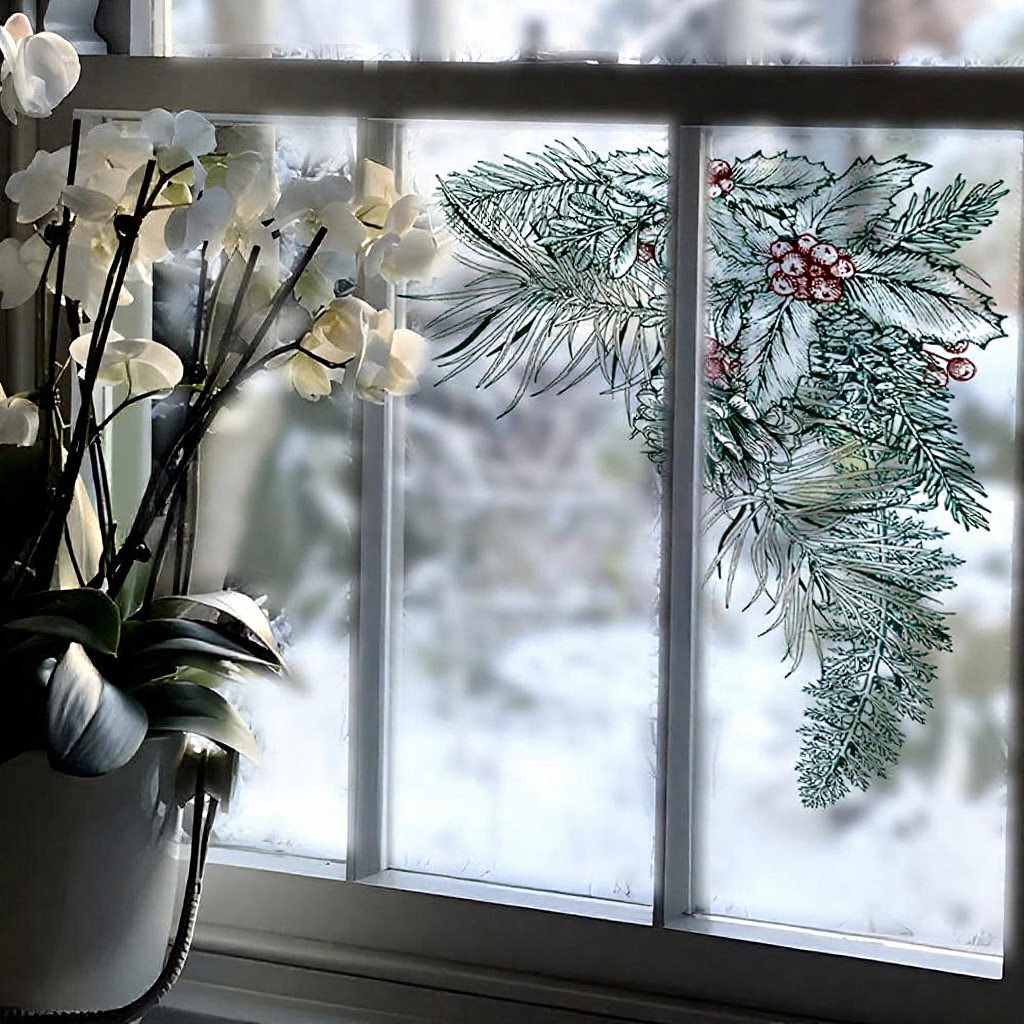 Vintage Christmas Pine Needle & Holly Window Clings - Festive Indoor Glass Holiday Home Decor Accessory