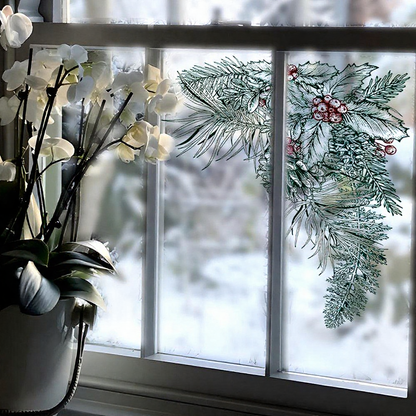 Vintage Christmas Pine Needle & Holly Window Clings - Festive Indoor Glass Holiday Home Decor Accessory