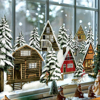 Vintage Christmas Winter Cottage Window Cling - Festive Indoor Glass Holiday Home Decor Accessory