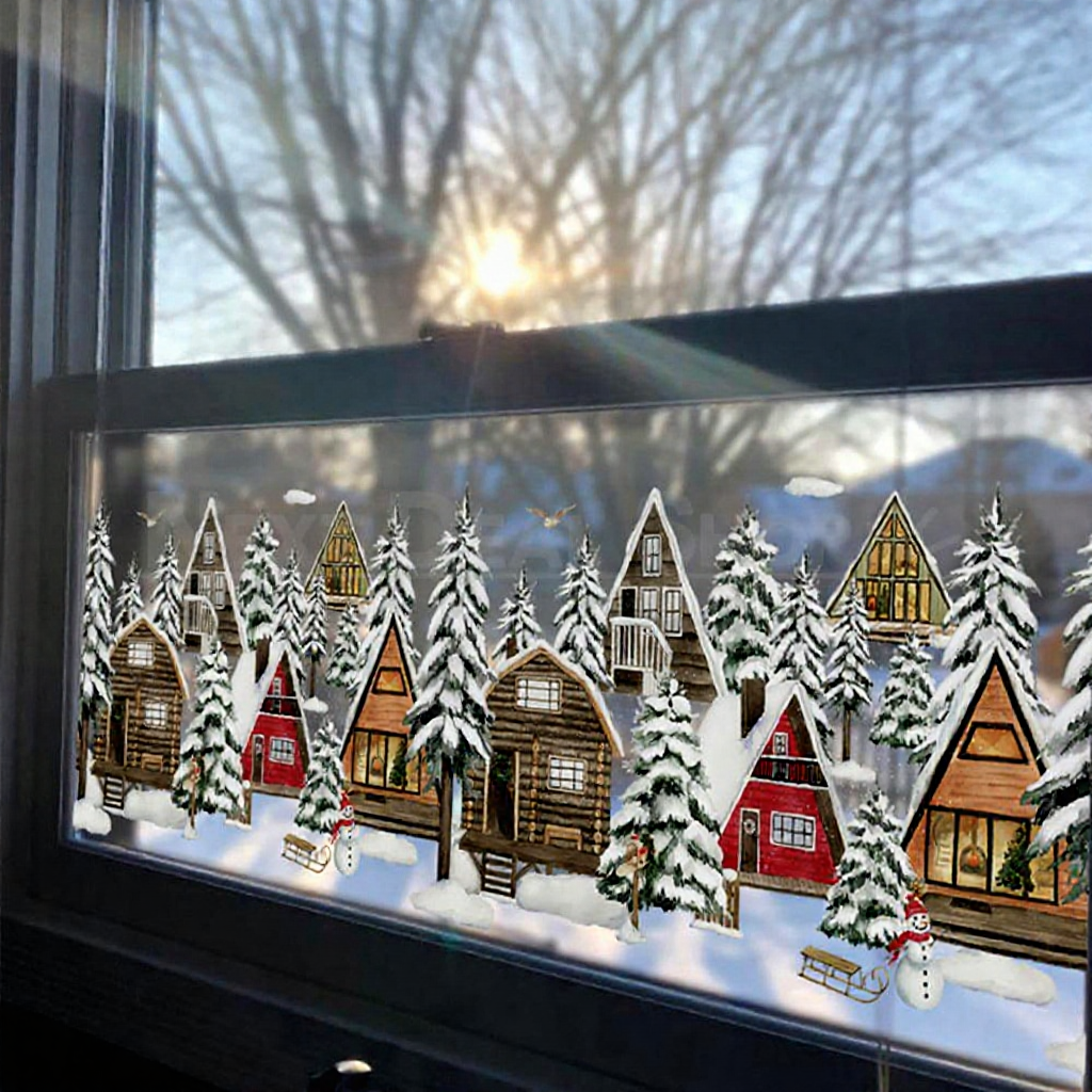 Vintage Christmas Winter Cottage Window Cling - Festive Indoor Glass Holiday Home Decor Accessory