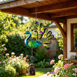 Vintage Metal Stained Glass Peacock Wind Chime Outdoor Garden Decor