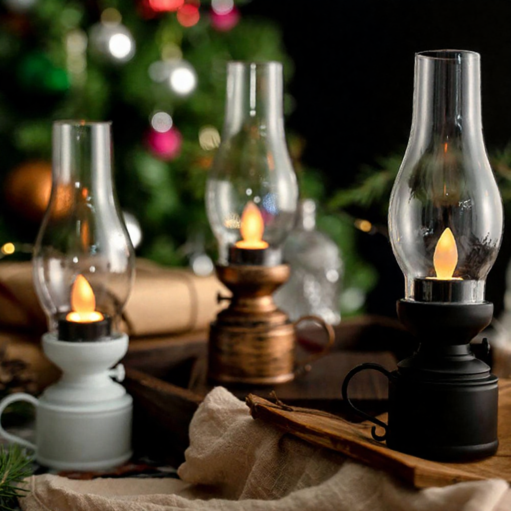 Vintage Style Battery Powered LED Candle Kerosene Lantern  -  Tabletop Christmas Decor