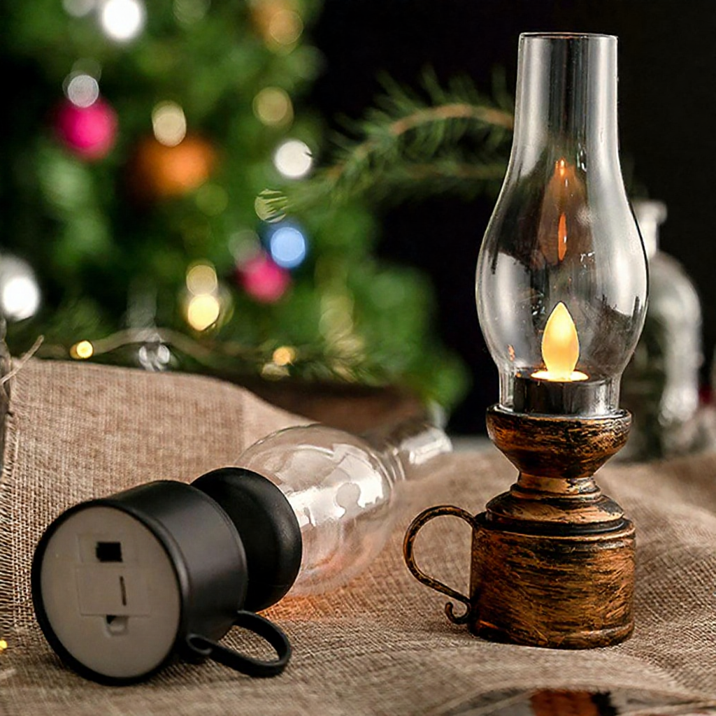 Vintage Style Battery Powered LED Candle Kerosene Lantern  -  Tabletop Christmas Decor