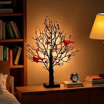 Vintage-Style Light-Up Tree with Cardinal & Red Berries - Christmas Tabletop Decor