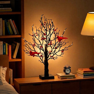 Vintage-Style Light-Up Tree with Cardinal & Red Berries - Christmas Tabletop Decor