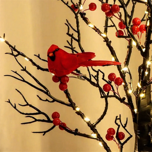 Vintage-Style Light-Up Tree with Cardinal & Red Berries - Christmas Tabletop Decor