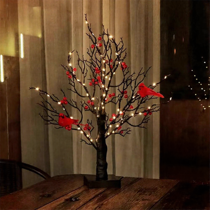 Vintage-Style Light-Up Tree with Cardinal & Red Berries - Christmas Tabletop Decor