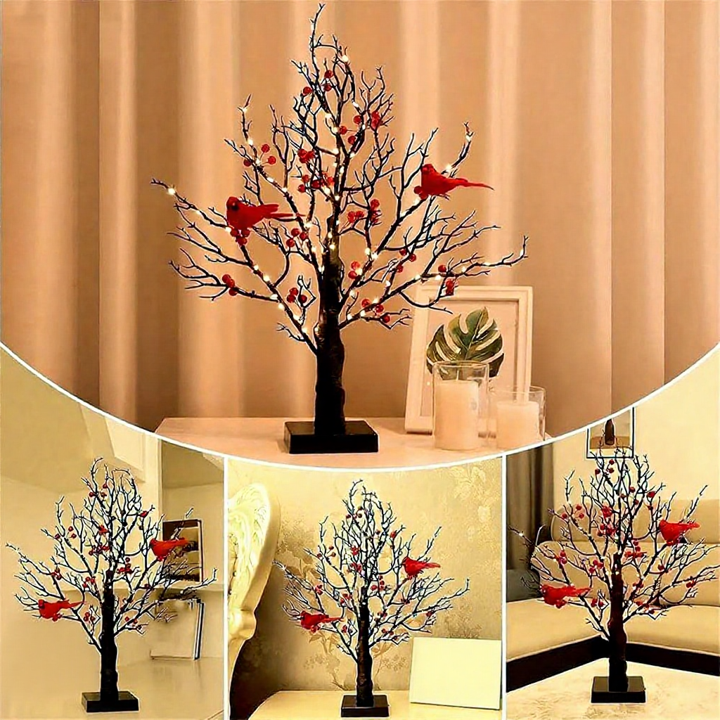 Vintage-Style Light-Up Tree with Cardinal & Red Berries - Christmas Tabletop Decor