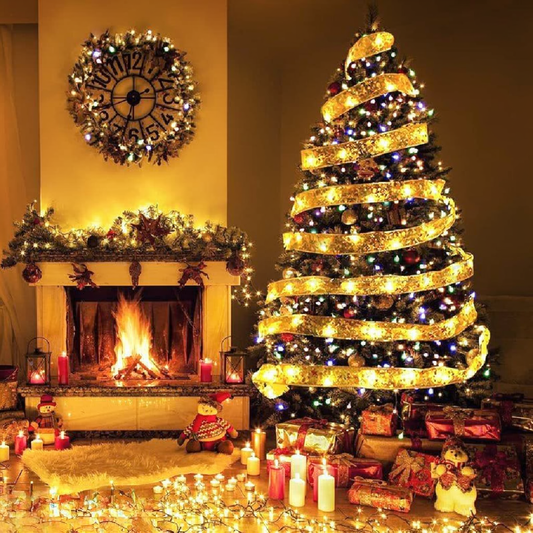 Warm White LED Christmas Gold Ribbon Light - 32ft, Home Xmas Tree Yard Holiday Party Decor Lighting