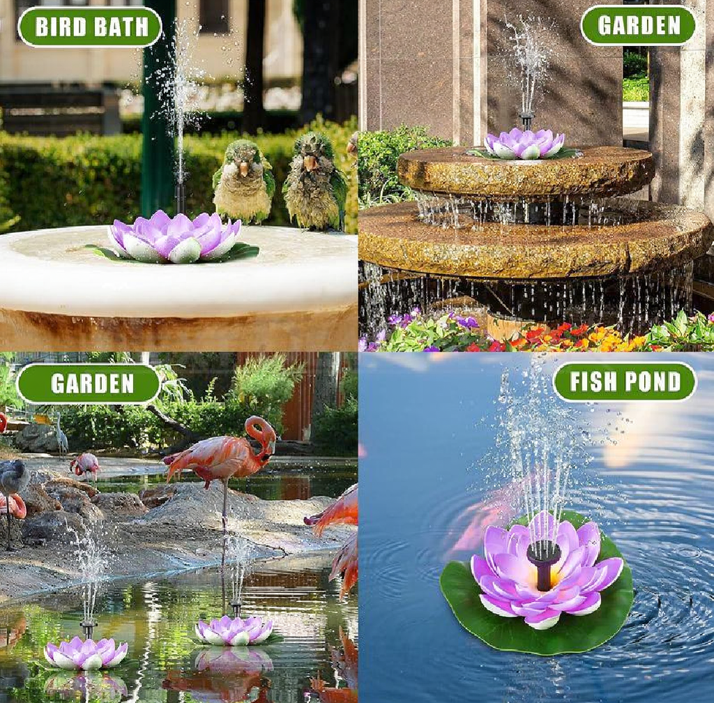 Water Lily Solar Powered Fountain Kit - Garden Pond Birdbath Outdoor Backyard Landscape Decor