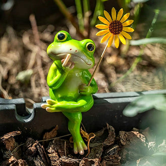 Whimsical Hand-Painted Resin Frog Statue with Sunflower - 5-Inch, Outdoor Planter & Patio Decor