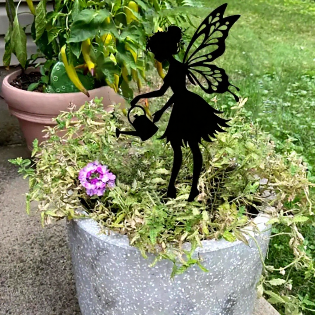 Whimsical Metal Fairy Silhouette Garden Stake - Outdoor Lawn Patio Yard Ornament