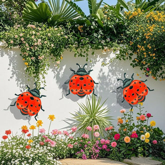 Whimsical Metal Ladybug Garden Wall Decor ‑ 3 Pack, Outdoor Fence Wall Decor