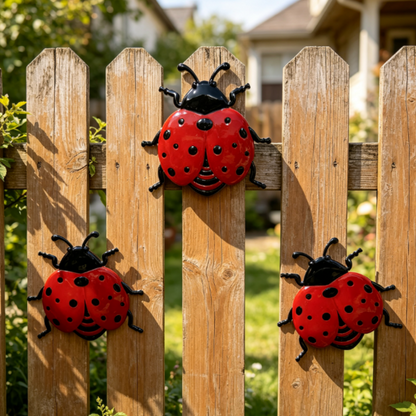 Whimsical Metal Ladybug Garden Wall Decor  -  3 Pack, Outdoor Fence Wall Decor