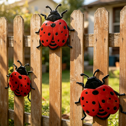 Whimsical Metal Ladybug Garden Wall Decor  -  3 Pack, Outdoor Fence Wall Decor
