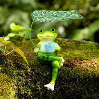 Whimsical Resin Coffee Frog Figurine with Leaf Umbrella - Outdoor Lawn Patio Garden Decor