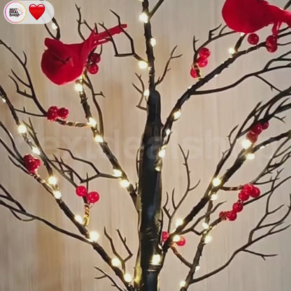 Vintage-Style Light-Up Tree with Cardinal & Red Berries - Christmas Tabletop Decor