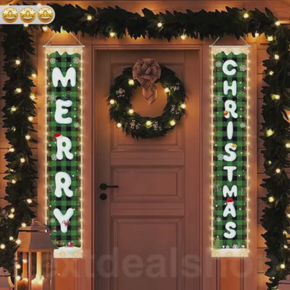 Battery Powered LED Merry Christmas Door Banner Set - Home Door Wall Xmas Holiday Decor