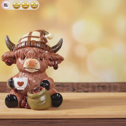 Adorable Resin Coffee Loving Highland Cow Figurine  -  3.5-Inch, Tabletop & Shelf Indoor Decor