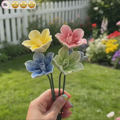 Farmhouse Botanical Ceramic Flower Garden Stakes - Set of 4, Plant Pot & Lawn Decor