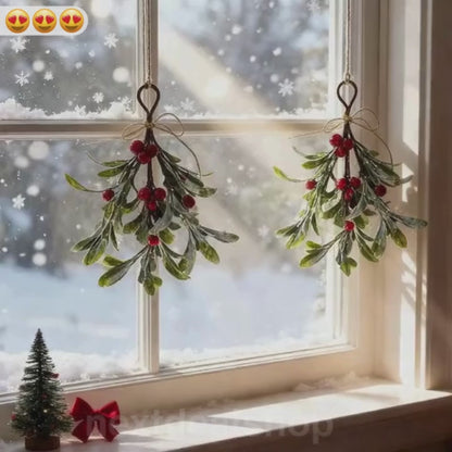Frosted Mistletoe Christmas Hanging Decor - 2 Pcs, Home Door Wall Xmas Indoor Holiday Party Festival Decor Ornament
