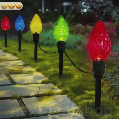 Solar Powered LED Christmas Bulb Stake Lights  -  Weatherproof Lawn & Flower Bed Lighting