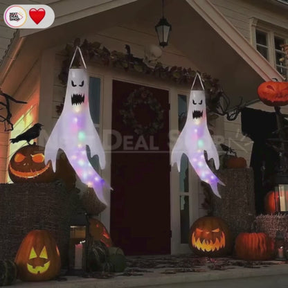 Giant LED Ghost Windsock Hanging Decor - 47 inch, Home Porch Patio Yard Outdoor Halloween Holiday Party Spooky Hanging Decor